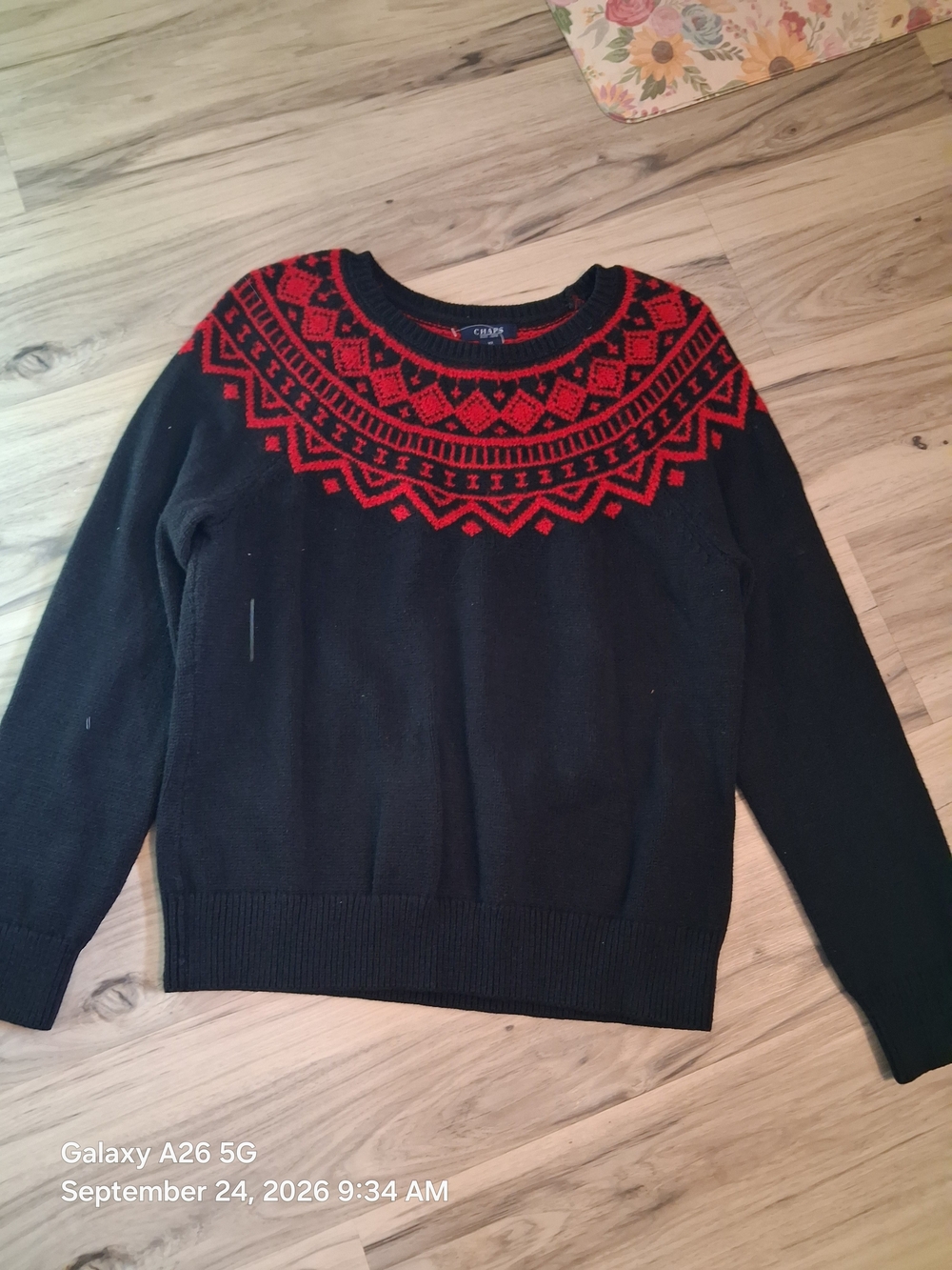 Chaps Womens Black Crewneck Sweater with Red Fair Isle Yoke XL